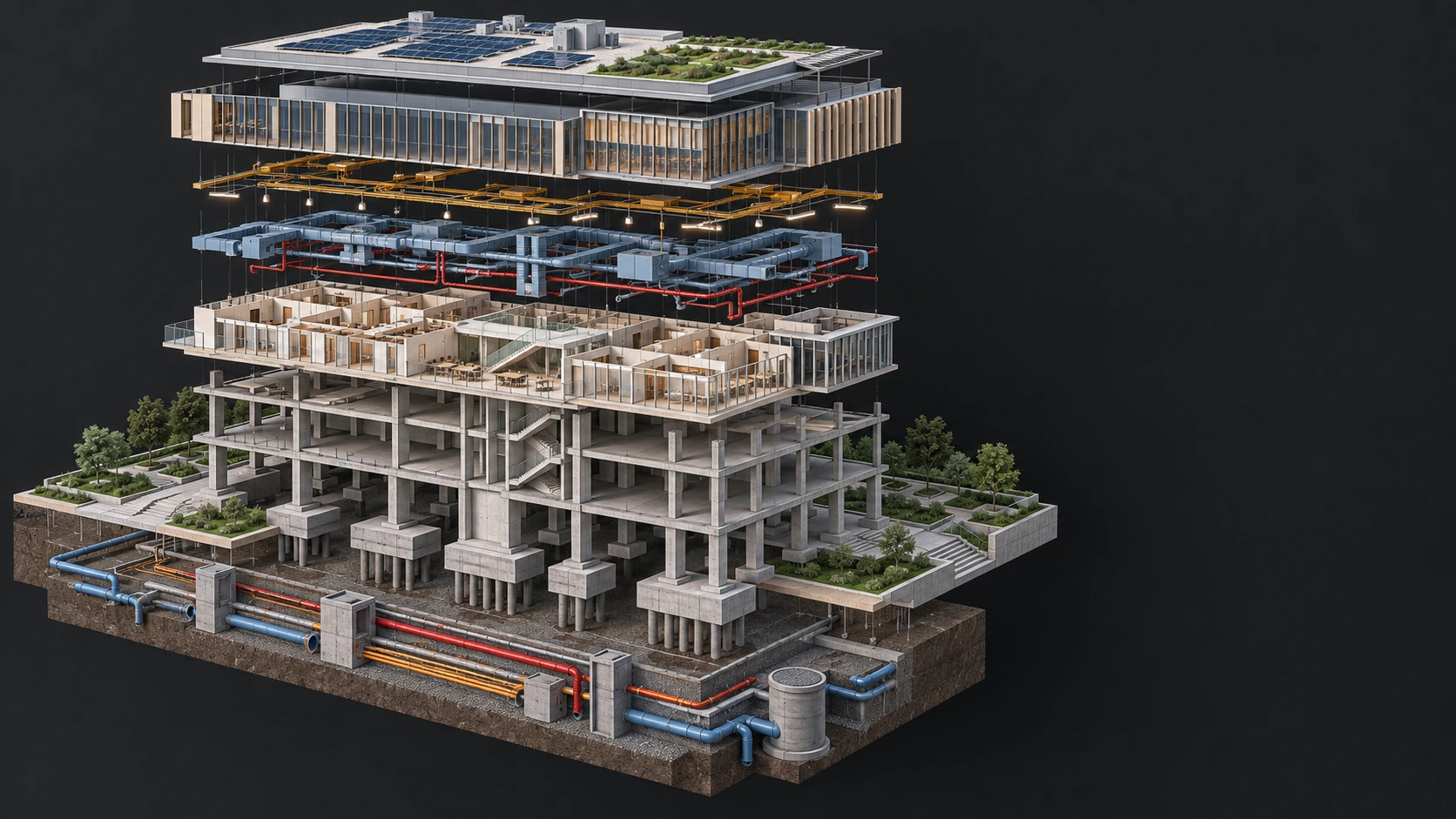Exploded axonometric diagram of coordinated building disciplines