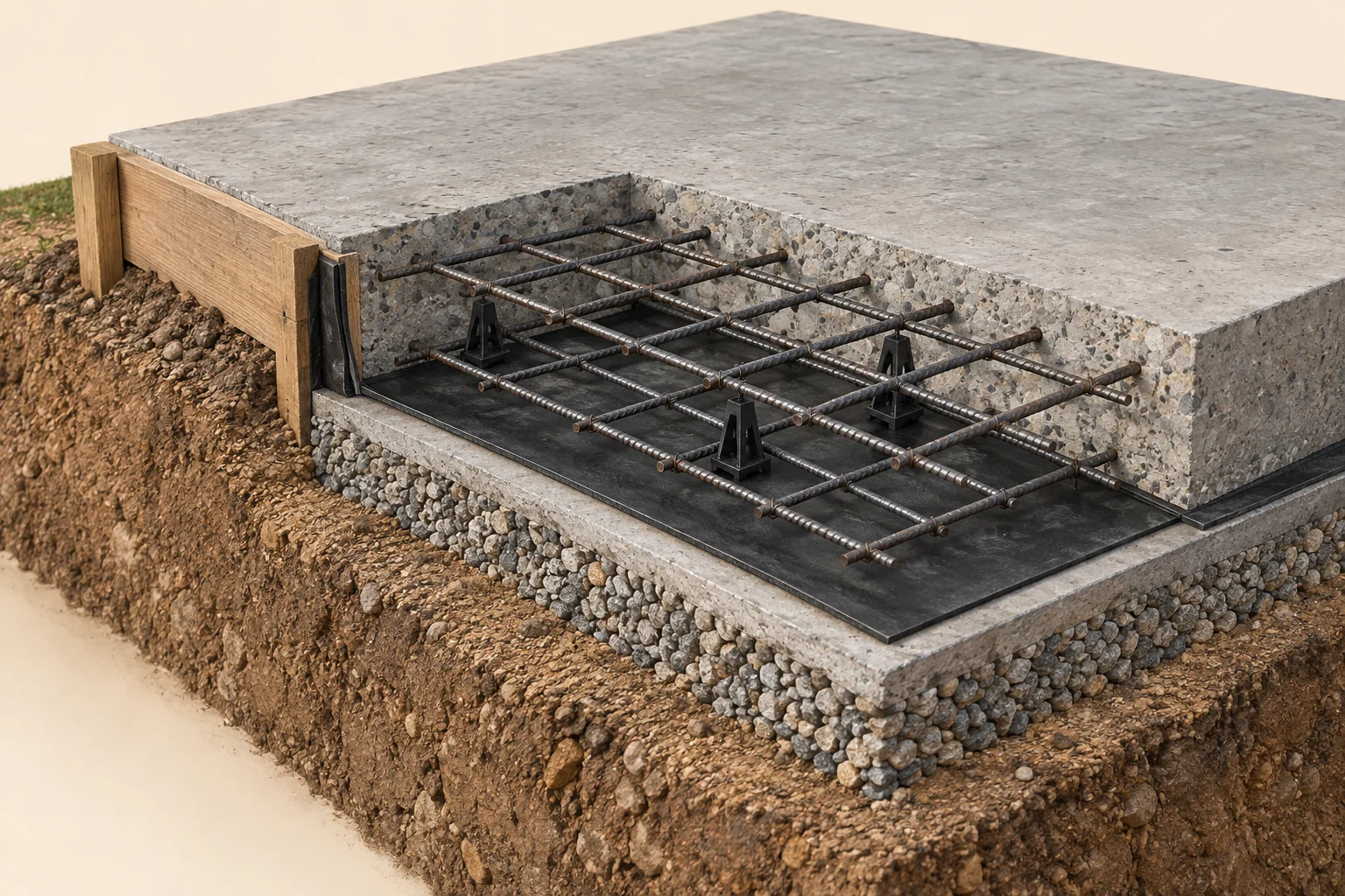 Axonometric raft foundation cutaway showing concrete, reinforcement, waterproofing and subbase